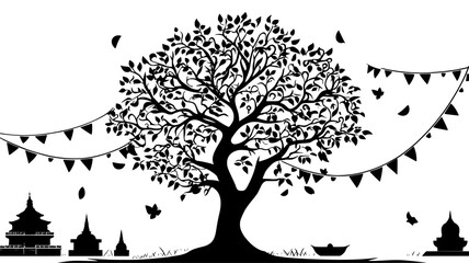 Bodhi tree draped with prayer flags in a temple courtyard, vector illustration art