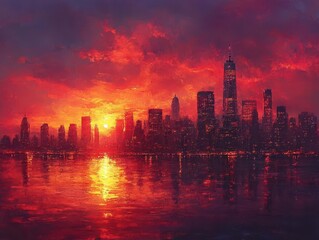 Fototapeta premium city skyline illuminated at sunset, showcasing a blend of architectural styles against a backdrop of warm, fading daylight, creating a dynamic urban atmosphere filled with possibilities and vibrancy