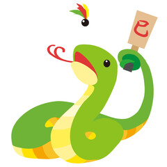 Obraz premium 巳年の年賀状素材に使える羽子板するヘビのイラスト