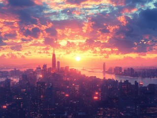 Fototapeta premium city skyline illuminated at sunset, showcasing a blend of architectural styles against a backdrop of warm, fading daylight, creating a dynamic urban atmosphere filled with possibilities and vibrancy