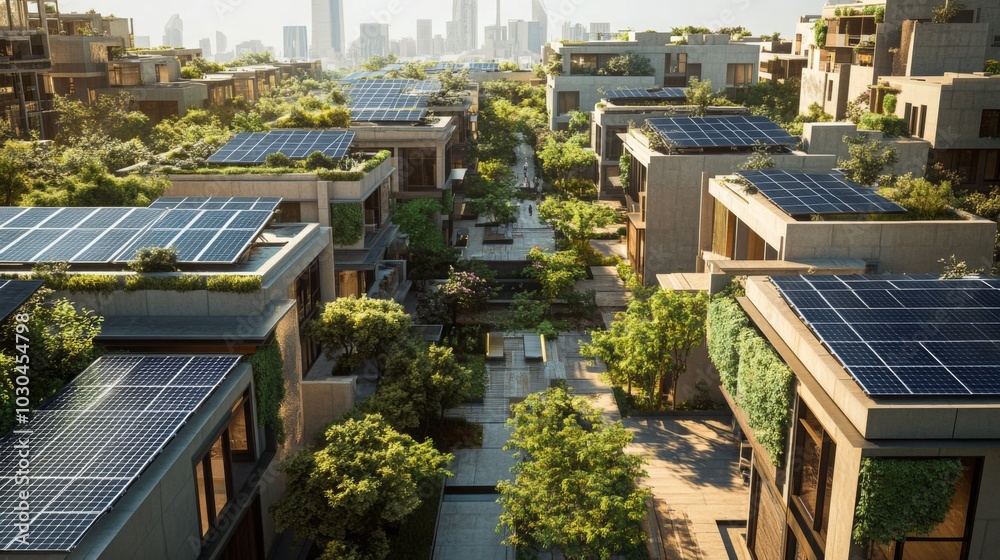 Poster a vibrant urban environment features modern structures with solar panels and lush greenery thriving 