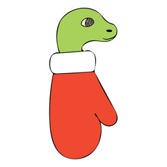 Cartoon snake in Santa Claus sock. 2025 New Year. Year of the snake. Merry Christmas and Happy New Year. Red and beige vector illustration.