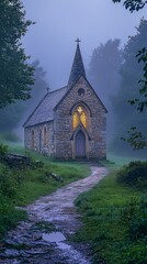 Fototapeta premium Serene Countryside Chapel: Morning Mist Envelops a Charming Stone Façade