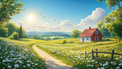 A beautiful farm landscape with fields, houses, and a blue sky in a cartoon style. 