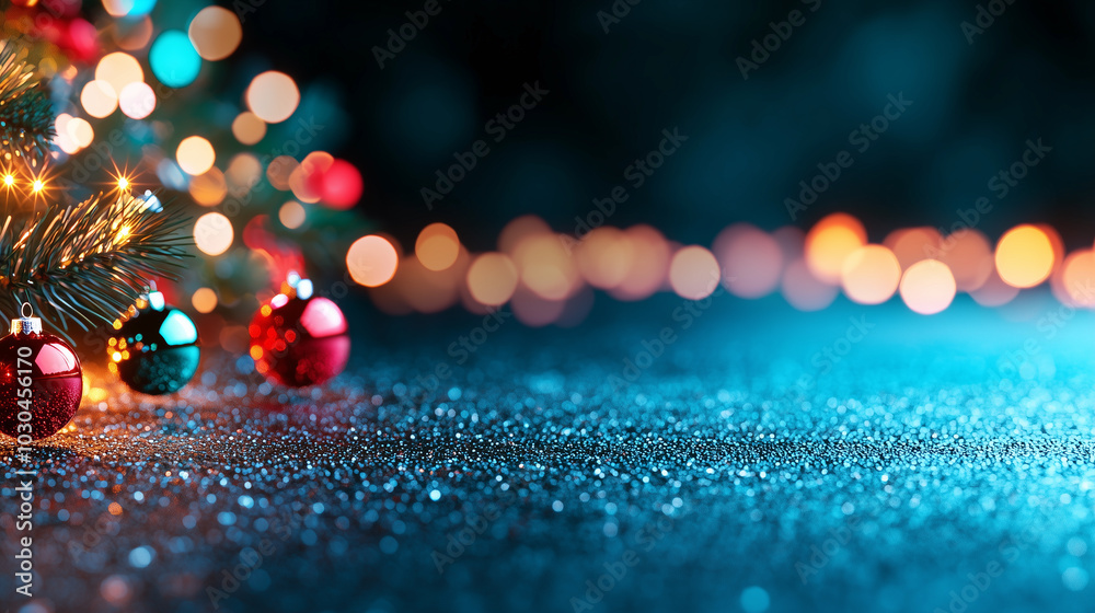 Poster beautifully decorated christmas tree with red and green ornaments glows softly in dark setting, crea