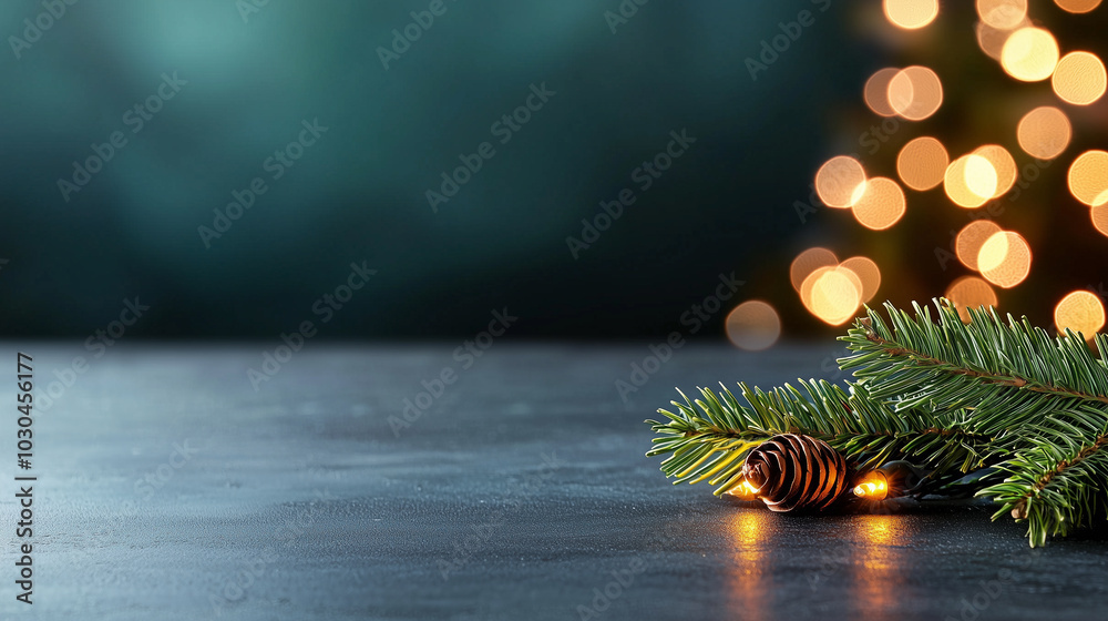 Poster beautifully arranged christmas scene featuring pine branch with pine cone, illuminated by soft glowi