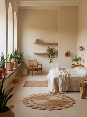 minimal scandinavian bedroom interior design scheme with natural material decorative element bedroom daylight house beautiful design and decor,ai generate 