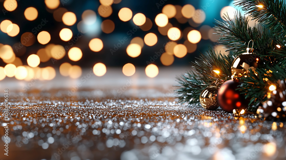 Poster festive holiday scene featuring close up of christmas tree branch adorned with shiny ornaments and g