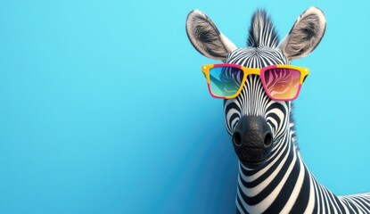 Naklejka premium Portrait of a cute zebra wearing colorful glasses on a blue background.