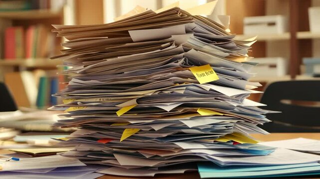 A large stack of papers sits on a desk in an office