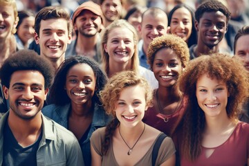 Large crowd of people looking at camera, smiling, portrait