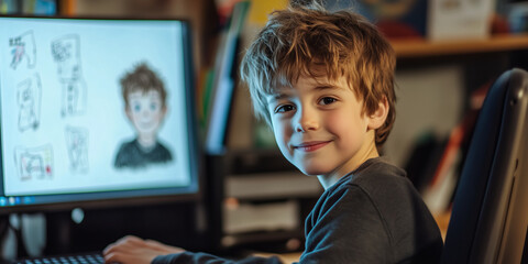 Young boy with a picture drawn of himself using the computer.