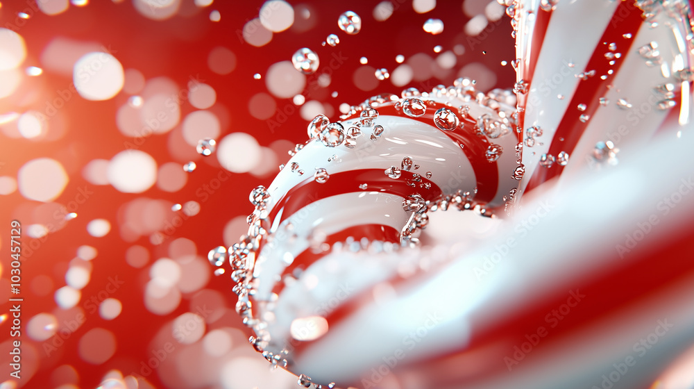 Poster candy canes swirl in festive display, surrounded by sparkling bubbles and vibrant red background, ev