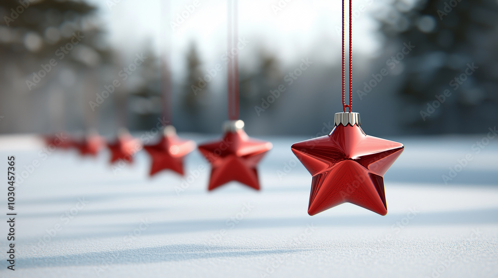 Poster beautiful display of red stars hanging delicately in snowy landscape, creating festive and cheerful 