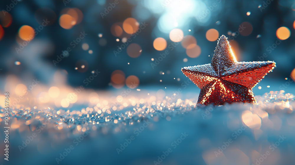 Poster sparkling red star ornament glistens in snowy landscape, surrounded by soft bokeh lights. scene capt