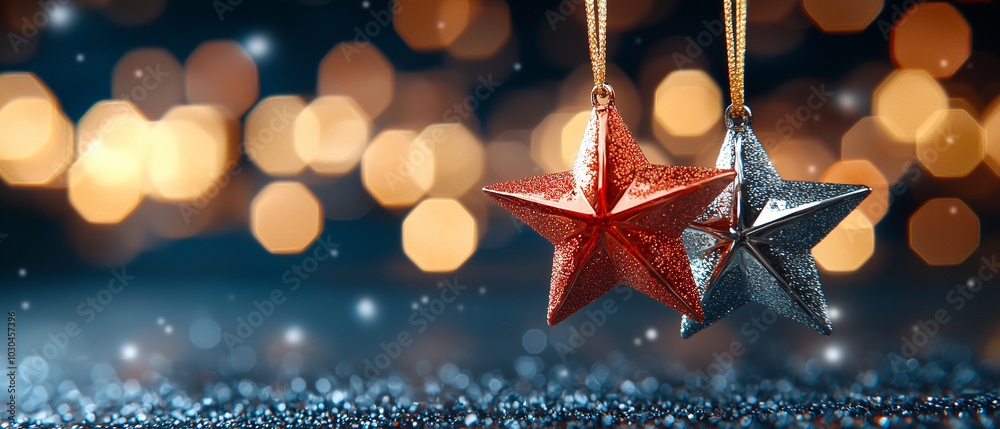 Poster sparkling red and silver stars hang gracefully against backdrop of soft, glowing lights, creating fe