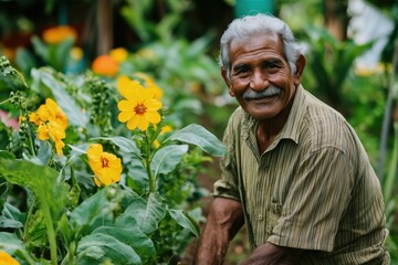 Fototapeta premium An elderly man smiling while tending to vibrant yellow flowers in his garden.