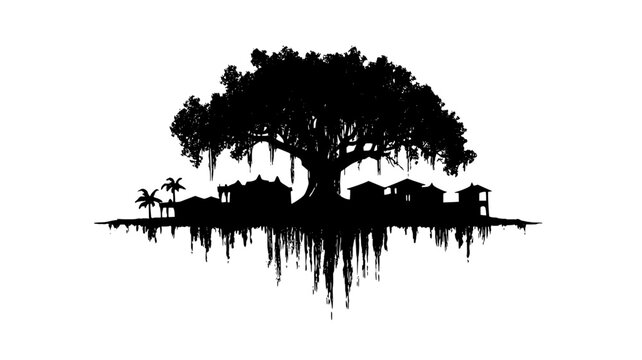 Banyan tree with aerial roots hanging in a village center, vector illustration art