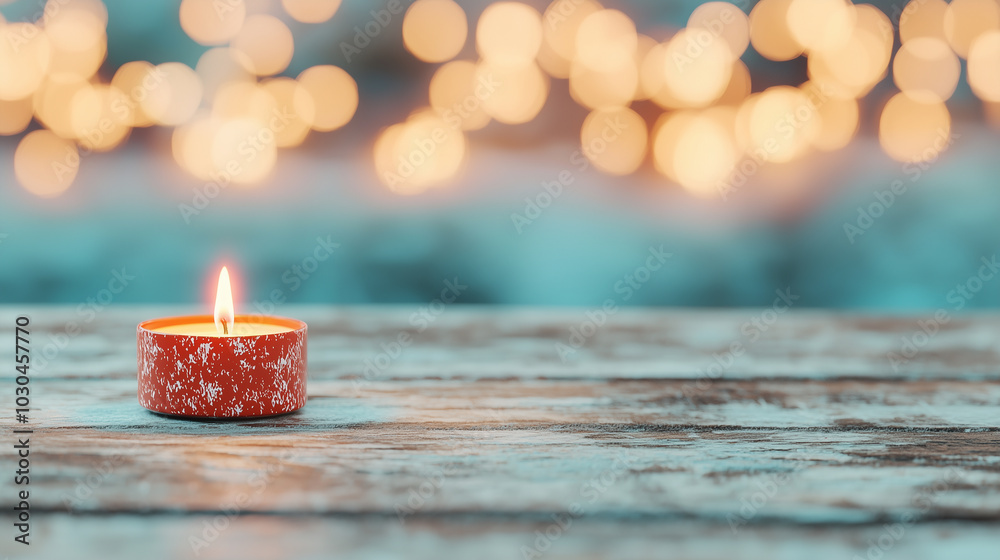 Poster red candle glowing softly on rustic wooden table creates warm and inviting atmosphere, perfect for h