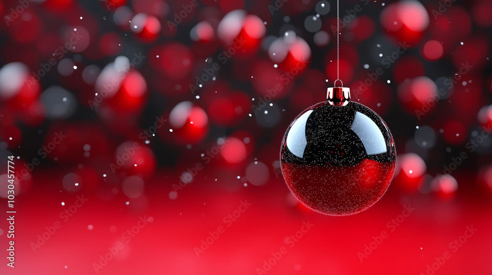 Poster shiny red and black christmas ornament hangs against blurred festive background, creating joyful and