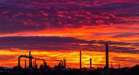 Bright sky highlighting smokestacks, creating a stark industrial scene.
