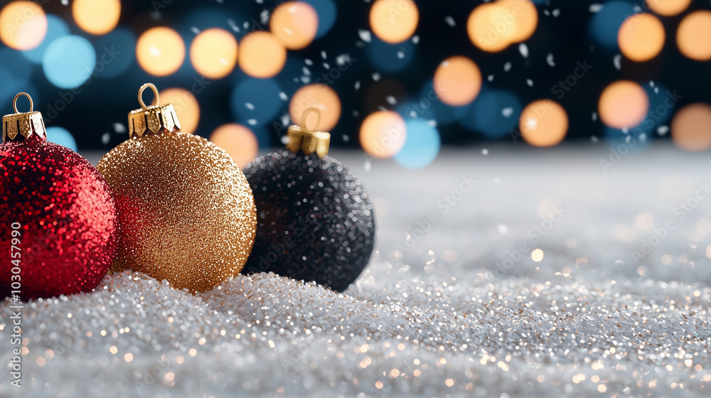 Poster sparkling red, gold, and black christmas baubles resting on snowy surface, surrounded by soft bokeh 