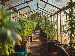Fototapeta premium Lush green cannabis plants thriving inside a greenhouse under bright natural light