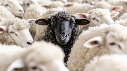 Naklejka premium Centered black sheep among white sheep, creating a clear contrast between uniformity and uniqueness, sheep formation, symbolizing individuality and nonconformity
