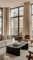 Modern Amsterdam Apartment Interior with Large Windows and Beige Curtains Generative AI