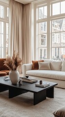 Modern Amsterdam Apartment Interior with Large Windows and Beige Curtains Generative AI