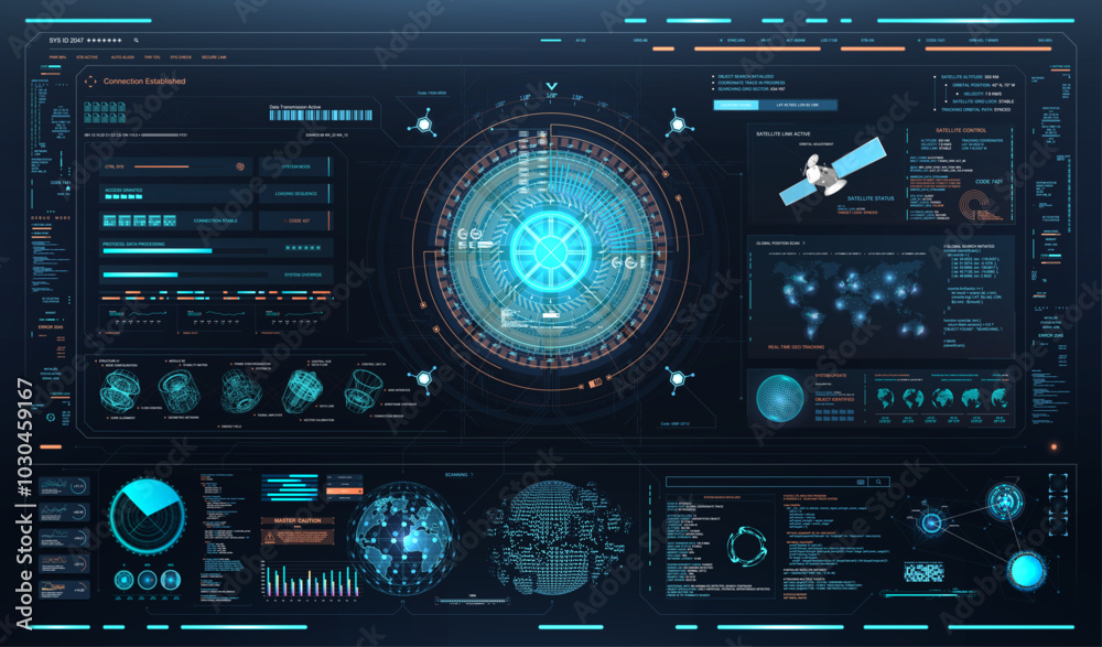 Poster Futuristic HUD interface, high-tech elements, satellite control, data visualization, global tracking systems. Games Dashboard HUD, cybersecurity FUI app, UI, UX. Sci-fi technology. Vector interface