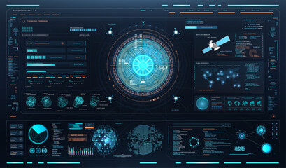 Futuristic HUD interface, high-tech elements, satellite control, data visualization, global tracking systems. Games Dashboard HUD, cybersecurity FUI app, UI, UX. Sci-fi technology. Vector interface © SergeyBitos