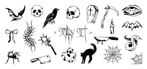 Scary hand drawn set, creepy elements, centipede, black crow, skulls, snake, bat, bloody weapon, web, candle, ghost, bow, coffin, death scythe, other scary, horror graphic elements. Vector graphic