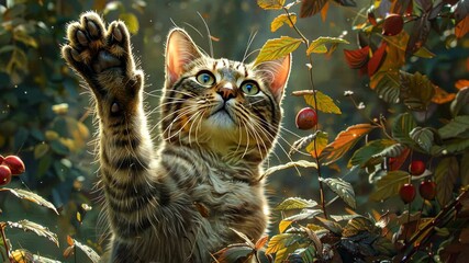 A tabby cat reaches for a red berry on a bush in the autumn - Powered by Adobe