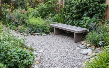 A serene garden space featuring a wooden bench surrounded by lush greenery and pebbled pathways.