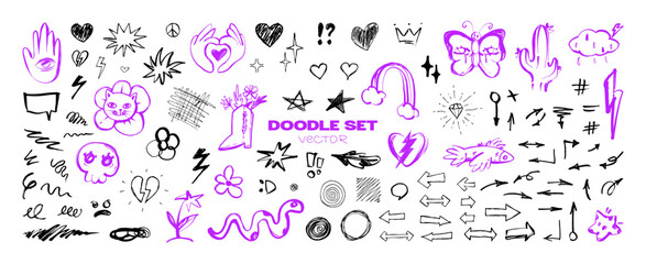 Cute doodles and drawings, hand drawn children's and teen elements - stars, hearts, flowers, arrows. School chalkboard doodles, Elements, graphic box. Scribble collage, aesthetic teenagers. Vector set