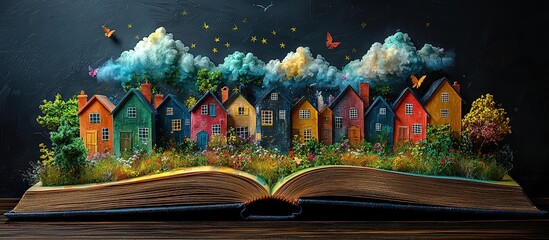 A book with colorful drawings of houses and clouds on it, against a blackboard background. The concept is an open storybook or reading list for real estate