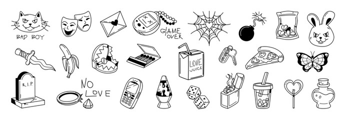 Aesthetic set on the theme of relationships and u2k, flash tattoo, cute meaningful images about love, graphic set of elements - retro phone, tamagotchi, elements with a heart and the meaning of love. © SergeyBitos