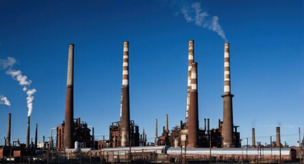 Bright sky highlighting smokestacks, creating a stark industrial scene.