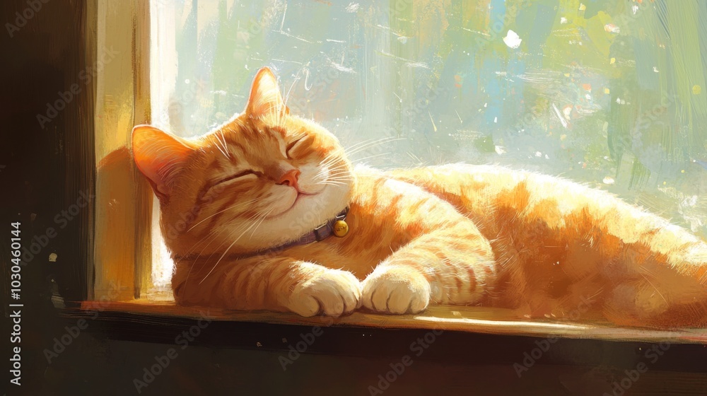 Aufkleber relaxing cat enjoys sunlight by the window