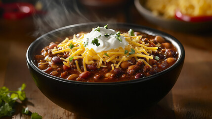 Bowl of hot chili with beans topped with sour cream