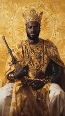 Obraz premium African Emperor in Traditional Gold Attire, Historical Figure from the Mali Empire Generative AI