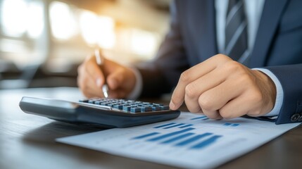 Fototapeta premium Businessman Calculating Finance With Calculator And Charts