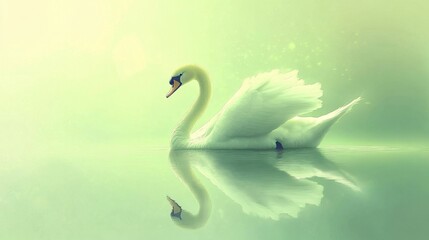 Graceful swan floating on a tranquil lake, illustrated with soft pastel colors and a serene backdrop for a peaceful and elegant composition