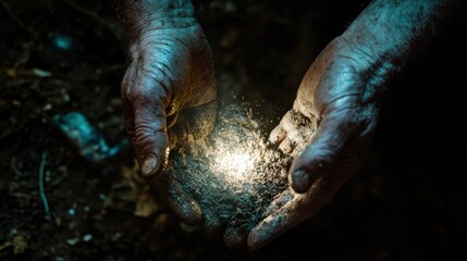Hands of a miner drilling deep underground, the machinery light highlighting every detail in the dark surroundings.