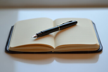 A minimalist workspace featuring desk with notebook and pen for focused writing
