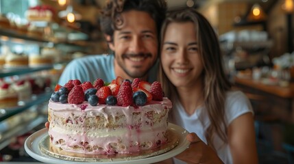 Celebrating sweet moments with a delicious cake surrounded by fresh fruits in a cozy café. Generative AI