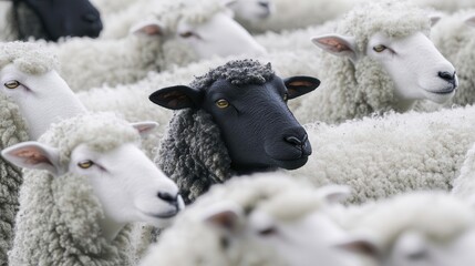 White sheep in perfect formation with one black sheep breaking the pattern, symbolizing individuality and uniqueness, black sheep contrast, focus on standing out