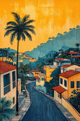 Fototapeta premium Latur, classic traditional wood block print effect. Woodblock printing. Graphic designed, illustration for travel poster, card, wallpaper, backdrop or banner. Modern, trendy