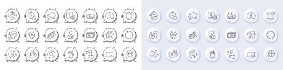 Information, Speech bubble and Reminder line icons. White pin 3d buttons, chat bubbles icons. Pack of Search, Lingerie, Work home icon. Consulting, Money currency, Portable computer pictogram. Vector